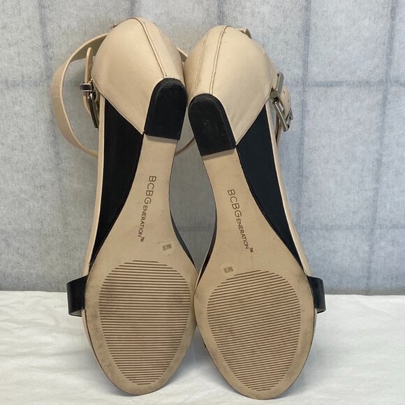 BCBGeneration Low Wedge Ankle Wrap Strap Leather Upper Vivian Sandal Blush Black - Picture 10 of 12
